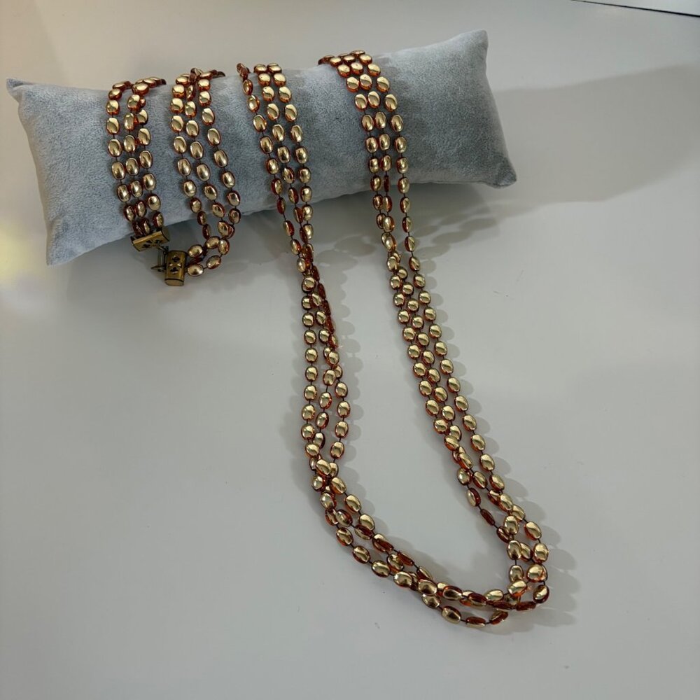 1950s Honey Gold Tone Plastic Beaded Long Necklace Statement Mid-Century Vtg